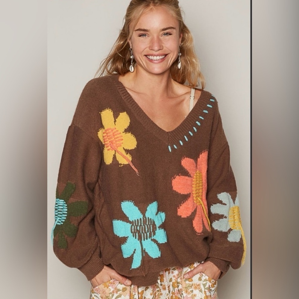 POL Balloon Sleeve Oversized Acrylic Sweater Fringe Detail Floral Pattern Small - Picture 4 of 12